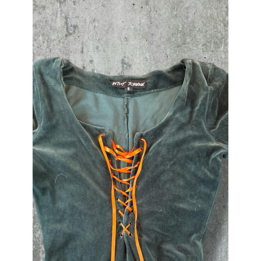 Vtg 90s Betsey Johnson Velvet Skater Dress Lace Up Green Whimsigoth Small Fairy - Picture 4 of 5